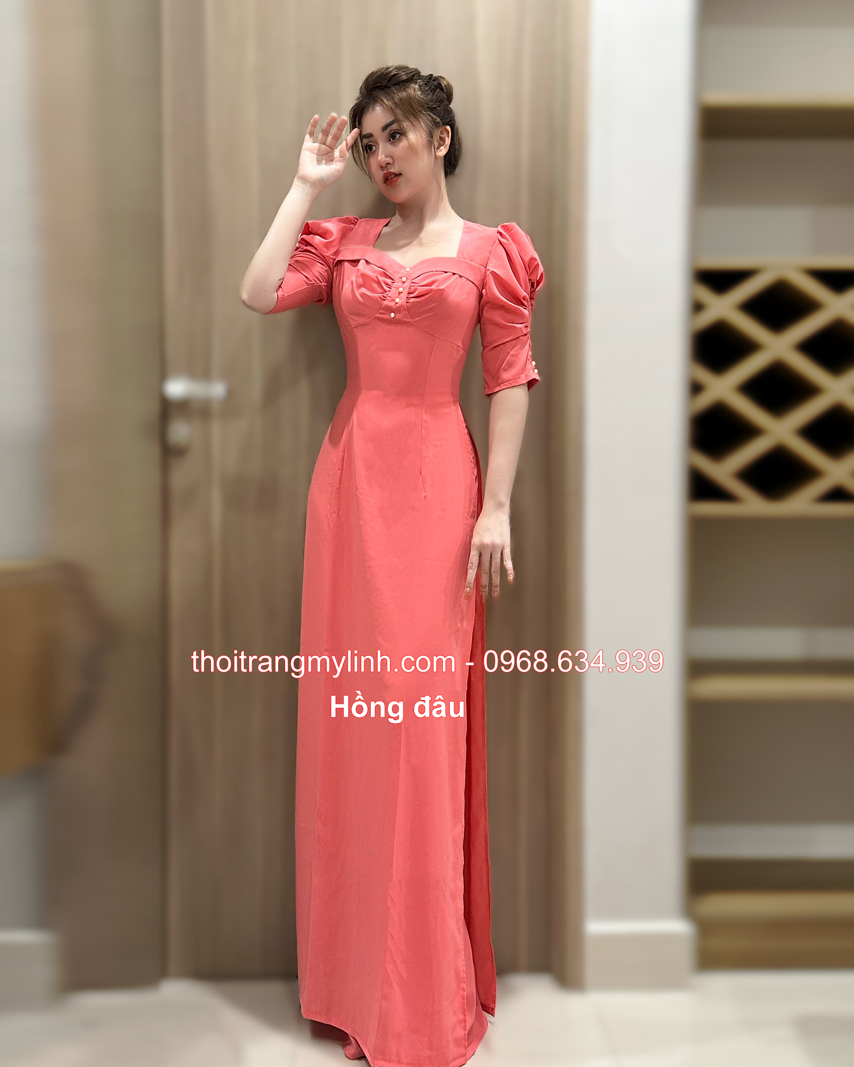 ÁO DÀI ĐÍNH NGỌC TRAI TAY PHỒNG, LỠ MÀU HỒNG DÂU